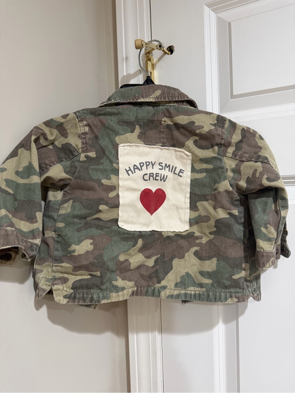 Zara Kids Camo Jean Jacket with Happy Smile Crew Patch - Green, Brown